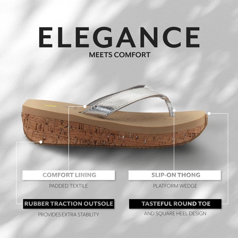 VOLATILE Women's Thong Wedge Sandal, Silver, 9