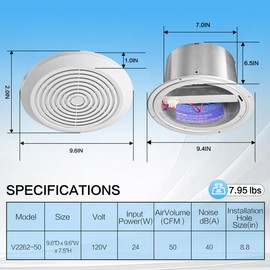 V2262-50 7 Inch Bathroom Exhaust Fan, 50 CFM Quiet Ceiling Vent Fan, 1.0 Sones Low Noise Extractor for 8" Opening, Through Wall Exhaust fan for Home, Bathroom, Laundry and Garage