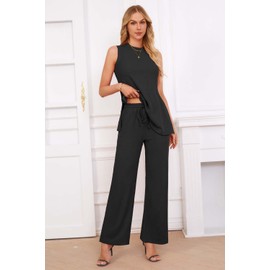 Newshows Womens Summer 2 Piece Outfits Ribbed Knit Tank Tops Wide Leg Pants Lounge Set Matching Tracksuit 2024 Spring Fashion (Black,XL)