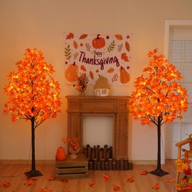 QIAOKAIYAN 2 Pack 5FT Artificial Lighted Maple Tree with 96 LED & 192 Ultra-Dense Maple Leaves - Fall Decorations Maple Tree with Warm White Light for Thanksgiving Autumn Harvest Decor Indoor Outdoor