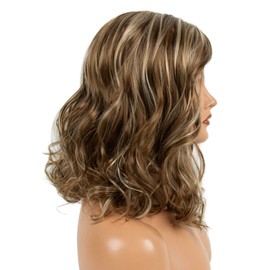 Baiansyy Brown Blonde Highlight Wigs for White Women Short Wavy Curly Bob 18 Inches Shoulder Length Synthetic Wig for Daily Party Use