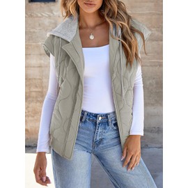 EVALESS Hooded Puffer Vest Women Warm Sleeveless Quilted Ladies Vests Sleeveless Lightweight with Pockets Grey Small