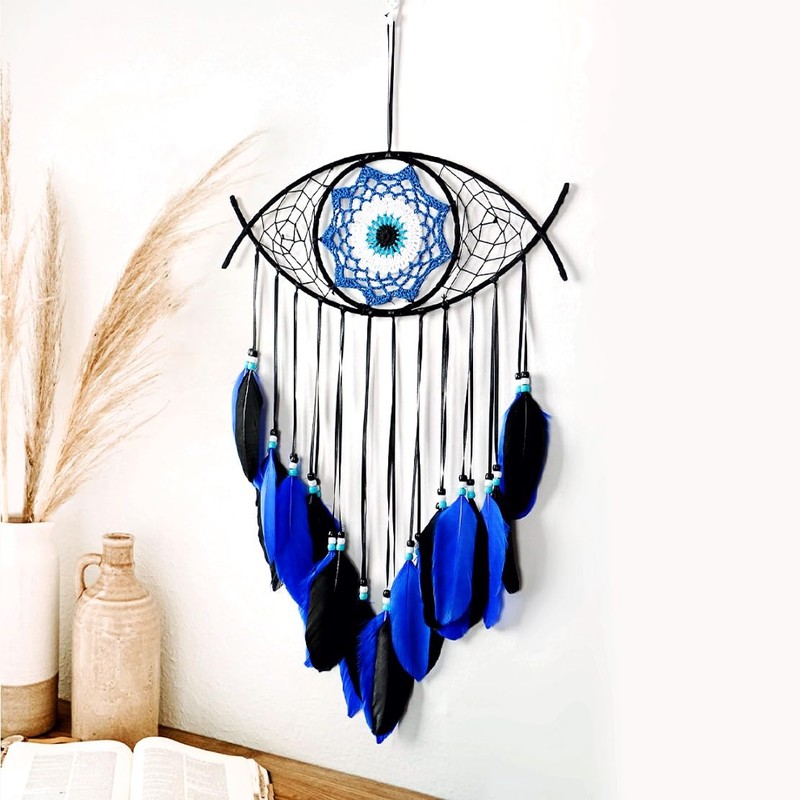 JZK Evil Eye black dream catcher, blue feather dream catcher