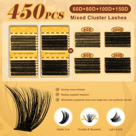 450 PCS Individual Eyelashes 10-18mm Cluster Lashes 4 Styles DIY at Home (60+80+100+150D-2)