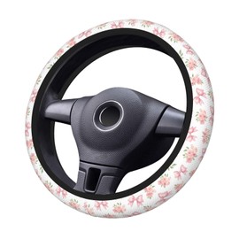 Car Steering Wheel Cover Bows Rose, Breathable Absorbing Sweat Anti Slip Polyester Car Accessories Decorative Protector 15 Inch Fit for Most Car, Trucks, SUV