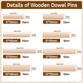 250 Pcs 8 Size Wooden Dowel Pins 1/4'' 5/16'' 3/8'' Hardware Pins Fluted Wood Dowels for Crafts Furniture Door DIY