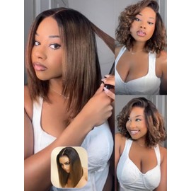 YIROO Yaki Straight Bob Wig Ombre Brown Human Hair Bye Bye Knots Glueless Wig Chestnut Brown Pre Cut 7x5 HD Lace Front Lace Put On and Go Pre Bleached Pre Plucked with Dark Roots Yaki Bob Wig 10Inch