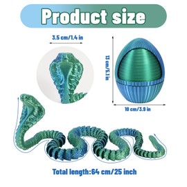 25.2'' 3D Printed Snake with Egg Crystal Snake Fidget Toys Inside Articulated Mystery Snake in Egg Flexible Joints Animals Surprise Eggs Adults Executive Desk Office Decor Easter (Laser/Blue Green)
