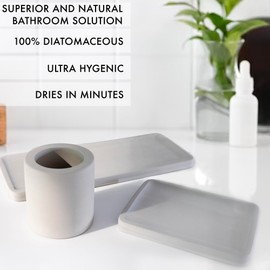 Diatomaceous Earth Stone Bath Set with Tray, Soap Dish, Toothbrush Cup - Matches Most Diatomite Rock Shower Mat - 3 Pieces Quick Drying & Easy to Clean for Bathroom, Kitchen Counter, Shower