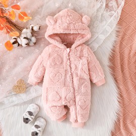 SHIBAOZI Infant Newborn Baby Girl Clothes Solid Zipper Fleece Romper Long Sleeve Hooded Toddler Fall Winter Warm Jumpsuits (Pink, 9-12 Months)