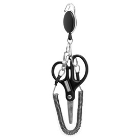 SAMSFX Fishing Braid Scissors Serrated Fishing Scissors with Hook Sharpener Zinger Retactors & Wire Coiled Lanyard Combo (Black Braided Line Scissors)