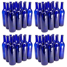 North Mountain Supply 750ml Glass Bordeaux Wine Bottle Flat-Bottomed Cork Finish - 48 Bottles (4 Cases of 12) - Cobalt Blue