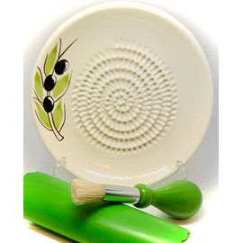 All-in-one Premium Ceramic Garlic Grater Plate 4-Piece Set - White Olive Design, Classic Style - For Garlic, Ginger, Chocolate, and more! - Comes with 5.25" Plate, Peeler, Brush, and Stand