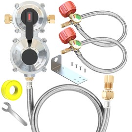 2-Stage Auto Changeover LP Propane Gas Regulator with 48''Stainless Braided Regulator Hose Assemblies and Two 18"RV Pigtail Propane Hoses with Gauge Dual Propane Tank Regulator for RVs, Trailers,Campe