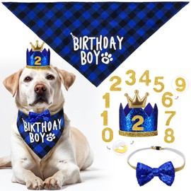 Orangezone Boy Dog Birthday Party Costume & Decoration Supplies Set Blue Puppy Birthday Hat Crown with Numbers Bandana Scarf with Bow Tie for Medium Large Dogs Pets (M/L)