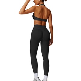 Seamless Workout Sets for Women 2 Piece Halter Backless Sports Bras Hidden Scrunch Leggings Yoga Outfits Gym Tracksuit