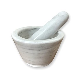AIRAM HOME Mortero y Mano de Mármol Natural, 10cm de diámetro, hecho artesanalmente, Blanco Bego.