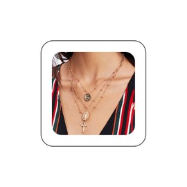 Inilbran Boho Virgin Mary Necklace Choker Layered Coin Pendant Necklace Chain Gold Cross Crucifix Chain Necklace Religious Round Disc Necklace Jewellery for Women and Girls, Metal