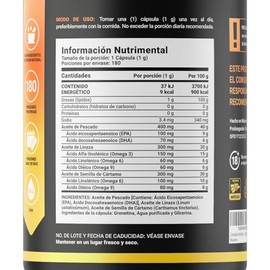 B Life Omega 3-6-9 con 180 Cápsulas | Concentración de EPA y DHA | 1000 mg con Aceite de Pescado, Linaza y Cártamo | Mezcla Completa de Ácidos Grasos 