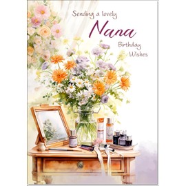 doodlecards Nana Birthday Card Dressing Table Bouquet Medium Size with Plain Envelope