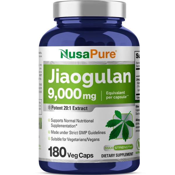 NusaPure Jiaogulan 9000 mg 180 Veggie Capsules (Extract 20:1, Vegetarian, Non-GMO, Gluten-Free) Gynostemma Pentaphyllum