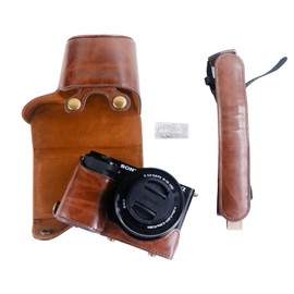 Rieibi ZVE10 Case - Quality PU Leather Case for Sony ZV-E10 Mirrorless Digital Camera - Grip Protective Case with Strap for Sony ZVE10, Coffee, Beauty Case