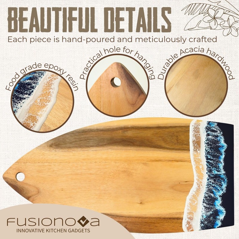 FUSIONOVA Acacia Cutting Board with Epoxy - Surfboard Shaped Wood