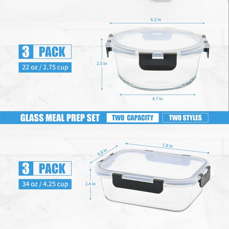 6 Pack Glass Food Storage Containers, BPA Free Meal Prep