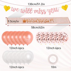 Zercart We Will Miss You Party Decorations Include Rose Gold We Will Miss You Banner Good Luck Balloons and Sash, Retirement Banner Balloons for Women Men Graduation Retirement Decorations