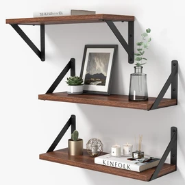 Heimlove Floating Shelves for Wall, 16 Inch Long Wood Floating Shelves Set of 3, Wall Mounted Hanging Shelf for Bathroom Bedroom Kitchen, Walnut