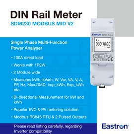 EASTRON SDM230 Modbus MID V2 Electricity Meter - Single Phase - RS485 RTU - 100A kWh Mains Din Rail Smart Meter Energy Monitor, with Pulse Meter & Backlit LCD Display. MID Certified/Calibrated