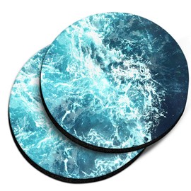 CARIBOU Coasters , Blue Ocean Wave Design Absorbent ROUND Fabric Felt Neoprene Car Coasters for Drinks, 2pcs Set
