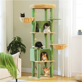 PAWZ Road Tall Cat Tower, 70 Inch Cat Tree with Hammock, 5 Scratching Posts, 2 Condos and a Large Top Perches for Large Cats-Cactus Green