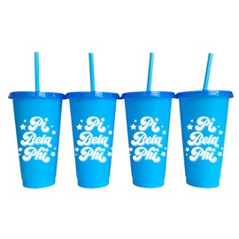 Sorority Shop Pi Beta Phi Glitter Color Changing Cups - Pack of 4 Reusable Cups with Lids and Straws, Pi Beta Phi Cup, Perfect Size 24 Oz Tumbler Cups, With Cool Retro Design Logo