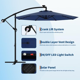 10 ft Solar Lights Cantilever Umbrella outdoor patio, Offset Patio Umbrella with Easy Lift & Tilt Adjustment, UV Protection Fade Resistant for Deck, Pool, Garden, Navy Blue