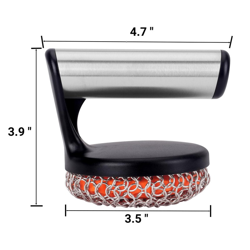 Skyflame Cast Iron Scrubber with Handle, Stainless Steel Chainmail Scrub,