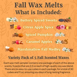 DaVoice Fall Wax Melts Wax Cubes, Premium Soy Wax Blend, Apple Cinnamon Pumpkin Vanilla Wax Melts Fall Scents Long Lasting, Fall Scented Wax Melts (5 Pack Fall Wax Melts Variety Pack, 30 Cubes, 11 oz)