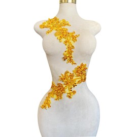 Handmade Rhinestones Bodice lace Applique handsewing Beads Sequins Trim Patches for Dress Clothes Accessories one Set/Bag 5.5X14inches (Gold)