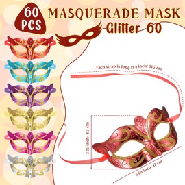 VioraWhite 60 Pack Multicolored Masquerade Mask Gold Shining Plated Mardi Gras Mask for Purim Mardi Gras Wedding Party(Classic,Glitter)