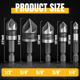 Yoofulki Hex Shank Countersink Drill Bit Set (5-Piece 1/4" to 3/4"), Self-Centering Wood Drill Bits for Wood, Plastic & Plywood, High-Strength Sharp Design in Clear Storage Case