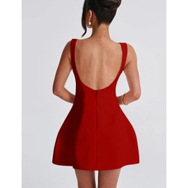 YMDUCH Women's Sexy Sleeveless Crew Neck Backless A-line Party Short Mini Dress Red