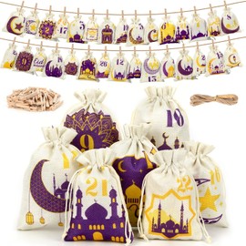 Ramadan Calendar 2025, Pack of 30 Ramadan Calendar for Filling, Eid Mubarak, Advent Calendar Bags, Ramadan Fabric Bags for Party Decoration, Mubarak Decoration