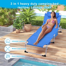 3-in-1 Heavy Duty Tanning Chair with Face Hole Adjustable 5-Position Folding Chaise Lounge Chairs for Portable Lay Flat Beach Lounge Chair for Outdoor Sunbathing Patio Pool Lawn Camping Deck (Blue)
