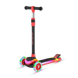 Lifemaster 3-Wheel Kids Scooter with Multi-Color Lights on Deck & Wheels – 5-Height Adjustable Handlebar, Wide Anti-Slip Deck, Child Safety Certified, Boys & Girls Ages 3+ Supports Up to 150 lbs, Red