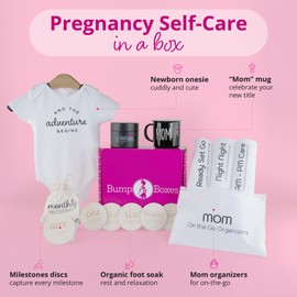 Bump Boxes 3rd Trimester Pregnancy Gifts for Expecting Moms with Milestone Disc, Baby Onesie, Travel Bags, Ceramic Mug, Organic Foot Soak, Gift for Mother to Be