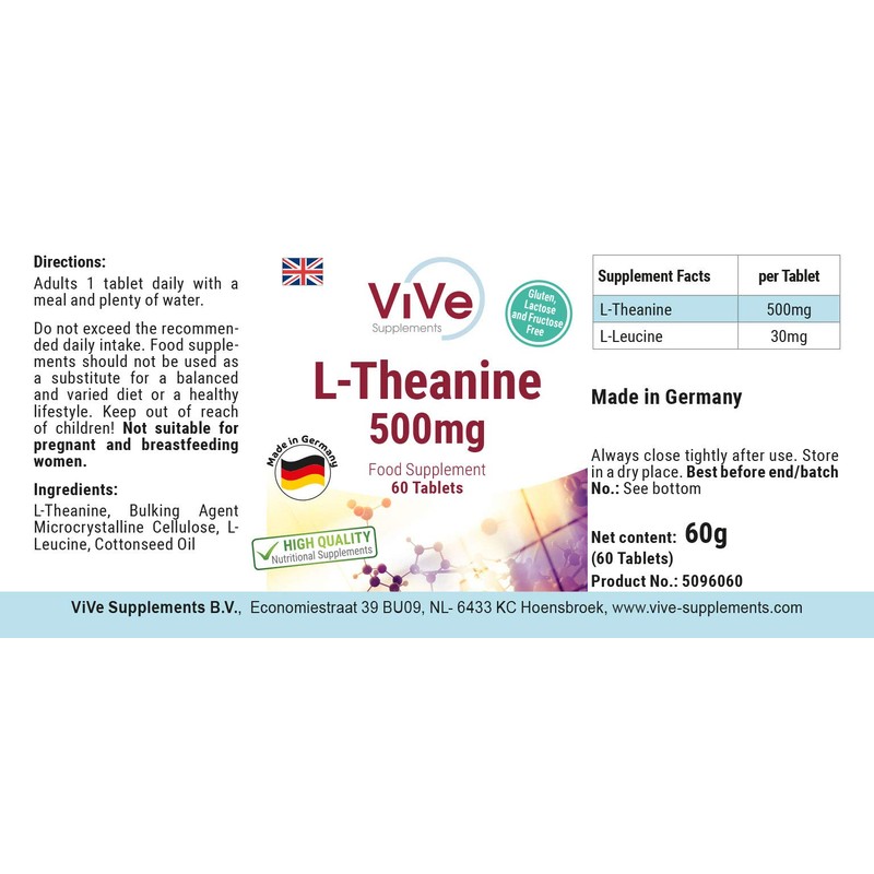L-Theanine Tablets, 500 mg, 60 Tablets, High Dose, Vegan, Quality