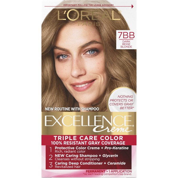 L'Oreal Paris Excellence Creme Permanent Triple Care Hair Color, 7BB Dark Beige Blonde, Gray Coverage For Up to 8 Weeks, All Hair Types, Pack of 1