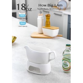 Nucookery Large 18 Oz Gravy Boat with Warmer, White Fine Porcelain Saucier With Big Dripless Lip Spout, Gravy Bowl For Thanksgiving, Warming Sauces, Salad Dressings, Microwave & Freezer Safe(Set of 2)