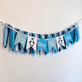 Penguin Themed 6 Month Birthday High Chair Decorations, Blue, black and white, High Chair Skirt
