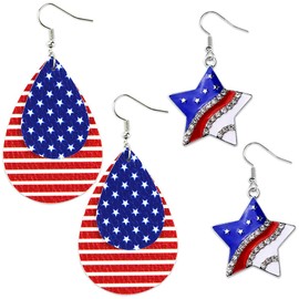 2 Pairs American Flag Earrings 4th of July Patriotic Dangle Earrings Star Drop Earrings for Women Independence Day Gift Accessories